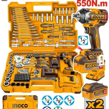 Ingco 172 Parça Akülü Darbeli Anahtar Seti, 4.0 Ah Batarya Kapasitesi, 550 Nm Tork, Fırçasız Motor, HKTHP41723 (Batarya Dahil)