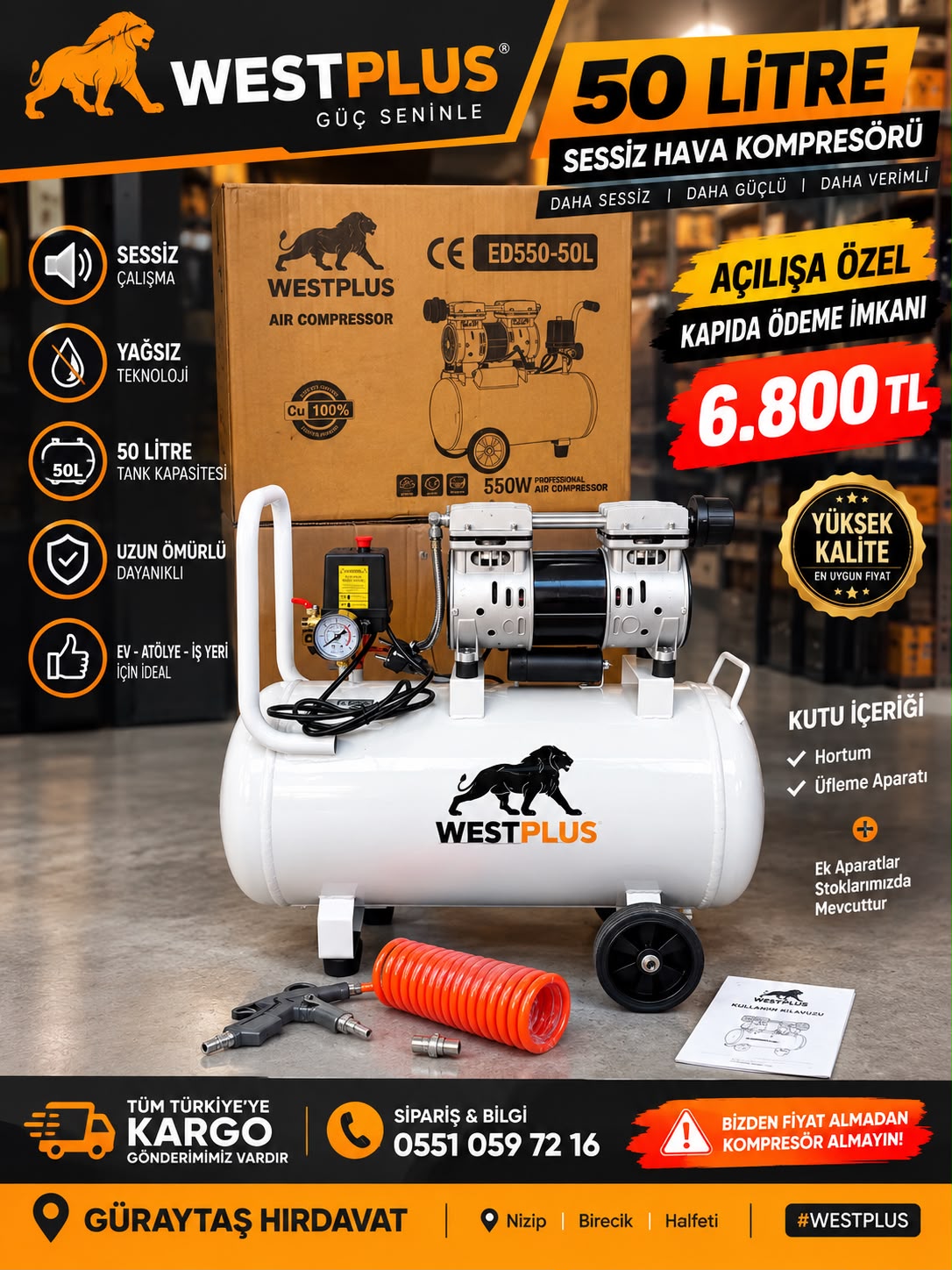 WhatsApp Image 2026-09-18 at 22.09.18 WESTPLUS 50 LT 2HP SESSİZ YAĞSIZ HAVA KOMPRESÖRÜ PROFESYONEL - Görsel 1